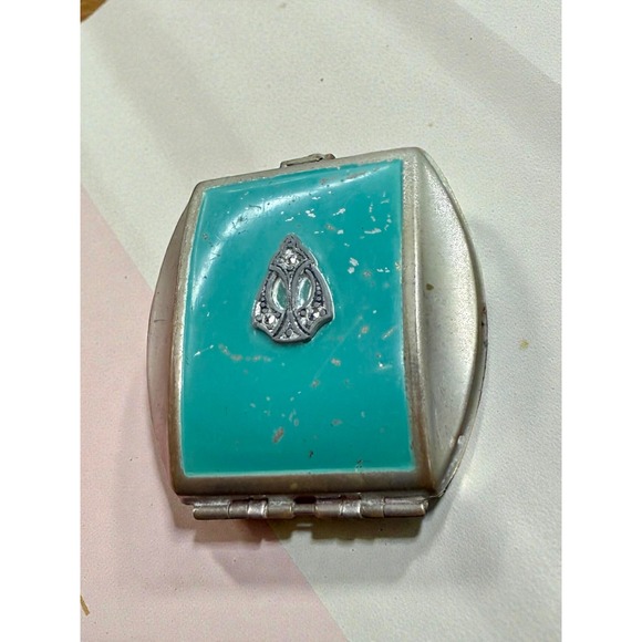 Antique Art Deco Compact Powder Rouge Green Teal Case Mirror Rhinestone Accent - Picture 5 of 8